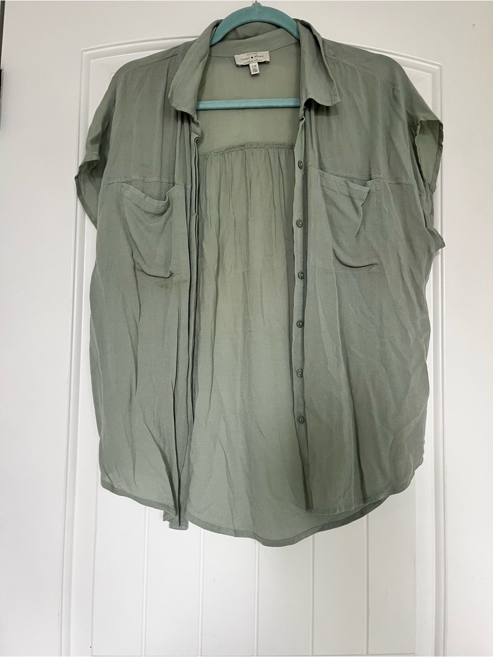 Lucky Brand Lightweight Sage Green Short Sleeve Button-Down Top